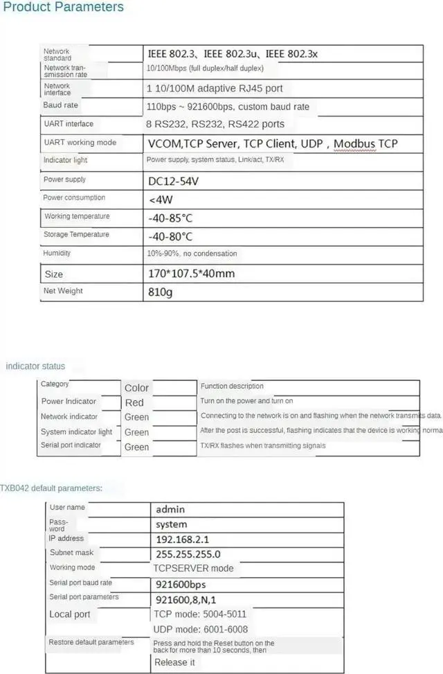 Alt view image 5 of 7 - Vszerda 8 Ports RS232 RS485 RS422 to Ethernet TCP/IP Serial Device Server Modbus Gateway Converter