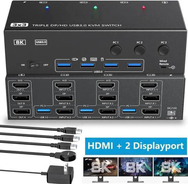 Main image of Vszerda 3-Port Triple Monitor KVM Switch (1HDMI+2DP), 8K@60Hz 4K@144Hz, 4 USB3.0 Ports, Wired Remote & 3 USB Cables Included