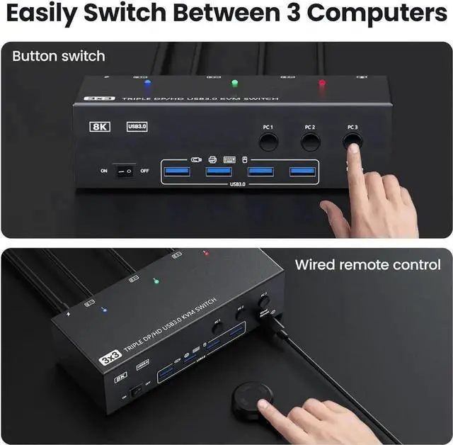 Alt view image 5 of 7 - Vszerda 3-Port Triple Monitor KVM Switch (1HDMI+2DP), 8K@60Hz 4K@144Hz, 4 USB3.0 Ports, Wired Remote & 3 USB Cables Included