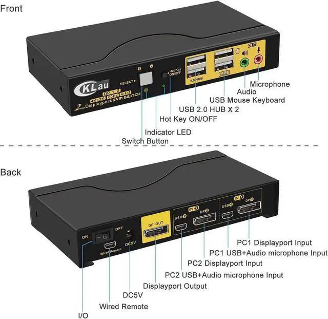 Alt view image 5 of 6 - Vszerda 2 Port DP 1.2 KVM Switch 4K@60Hz, Single Display, With Audio & Cables, Share Keyboard Mouse for 2 PCs