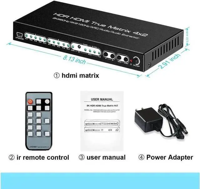 Alt view image 5 of 7 - 4 In 2 Out HDMI 2.1 8K Matrix Switch with IR Remote, 4×2 Video Splitter Converter, Optical SPDIF 5.1CH + L/R Analog Audio Extractor Support 8K@60Hz 4K@120Hz HDR10 Dolby Vision Atmos ARC HDCP2.3