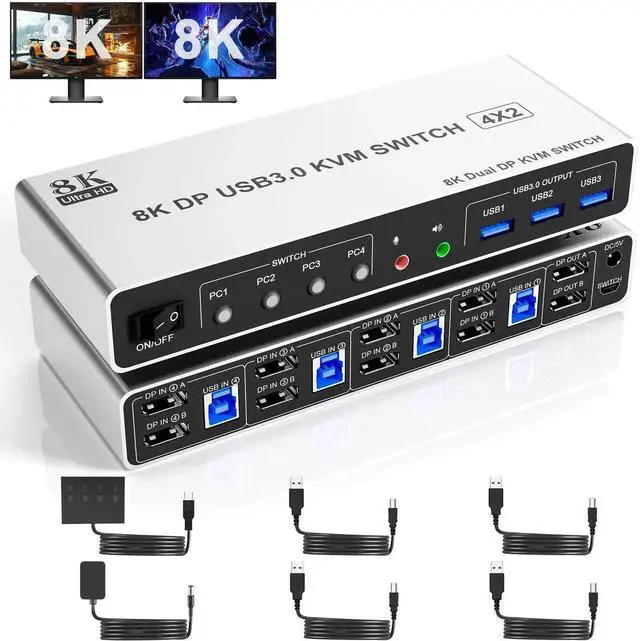 Main image of Vszerda 4-Port DP1.4 Dual Monitor USB3.0 KVM Switch 8K@60Hz, With Audio & Mic, 3 USB3.0 Ports for 4 PCs
