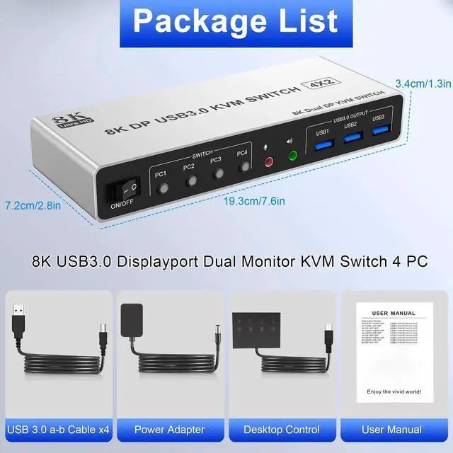 Alt view image 6 of 7 - Vszerda 4-Port DP1.4 Dual Monitor USB3.0 KVM Switch 8K@60Hz, With Audio & Mic, 3 USB3.0 Ports for 4 PCs
