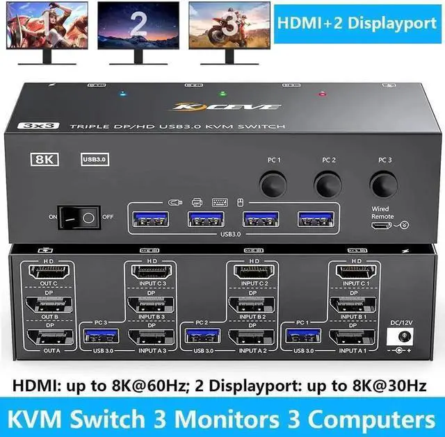 Main image of Vszerda 3 Port Triple Monitor 1HDMI+2DP KVM Switch, 8K@60Hz/30Hz 2K@144Hz USB3.0 KVM Switcher for 3 PCs Share 3 Displays, Support Extended Display Mode