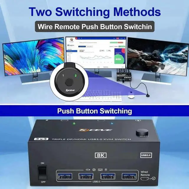 Alt view image 5 of 7 - Vszerda 3 Port Triple Monitor 1HDMI+2DP KVM Switch, 8K@60Hz/30Hz 2K@144Hz USB3.0 KVM Switcher for 3 PCs Share 3 Displays, Support Extended Display Mode