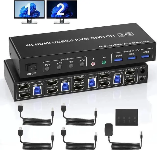 Main image of Vszerda 4-Port Dual HDMI KVM Switch 4K@60Hz, USB3.0, EDID Emulation, Audio & Mic, 3 USB Ports