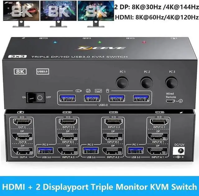 Main image of Vszerda 3-Port Triple Monitor KVM Switch (1HDMI+2DP), 8K@60Hz, 4 USB3.0 Ports, Wired Remote, USB Cable & Power Adapter Included