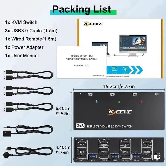 Alt view image 5 of 7 - Vszerda 3-Port Triple Monitor KVM Switch (1HDMI+2DP), 8K@60Hz, 4 USB3.0 Ports, Wired Remote, USB Cable & Power Adapter Included