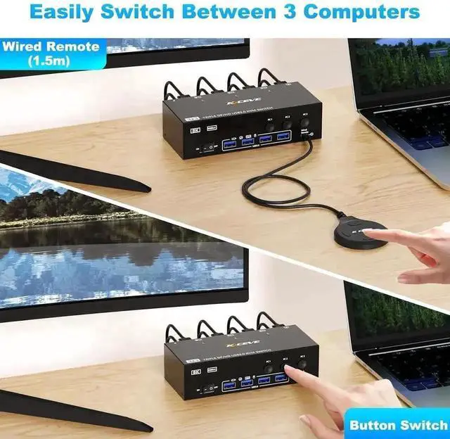 Alt view image 3 of 7 - Vszerda 3-Port HDMI+DP Dual Monitor KVM Switch, 8K@60Hz 4K@144Hz, 4 USB3.0 Ports, Wired Remote, Power Adapter & USB Cable Included