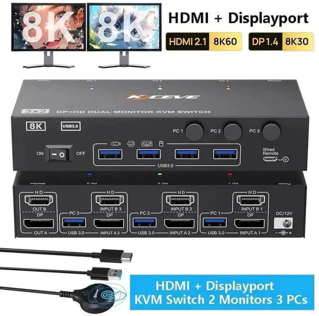 Main image of Vszerda 3-Port HDMI+DP Dual Monitor KVM Switch, 8K@60Hz 4K@144Hz, 4 USB3.0 Ports, Wired Remote, Power Adapter & USB Cable Included