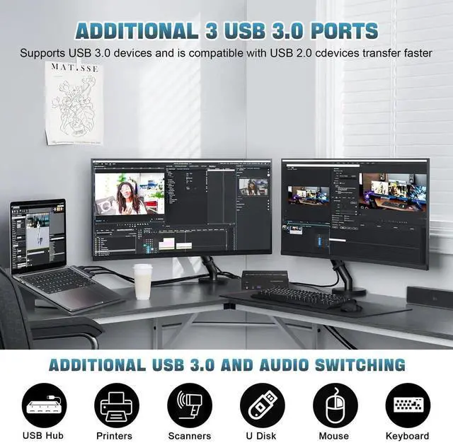 Alt view image 3 of 7 - Vszerda 2-Port Triple Monitor KVM Switch HDMI+2DP, 4K@60Hz USB3.0 KVM Switcher with Audio & 3 USB3.0 Ports for 2 Computers