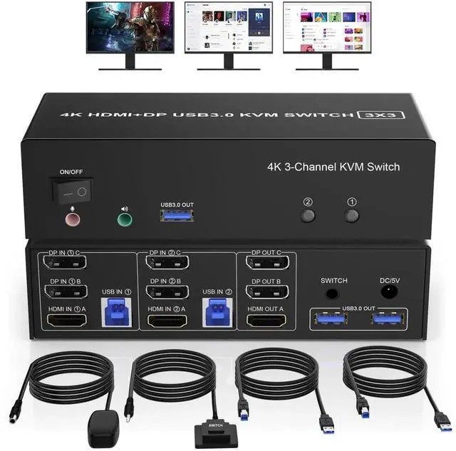 Main image of Vszerda 2-Port Triple Monitor KVM Switch HDMI+2DP, 4K@60Hz USB3.0 KVM Switcher with Audio & 3 USB3.0 Ports for 2 Computers