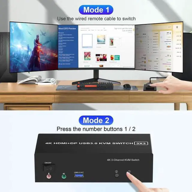 Alt view image 7 of 7 - Vszerda 2-Port Triple Monitor KVM Switch 2HDMI+1DP, 4K@60Hz USB3.0 KVM Switcher with Audio & 3 USB 3.0 Ports for 2 PCs