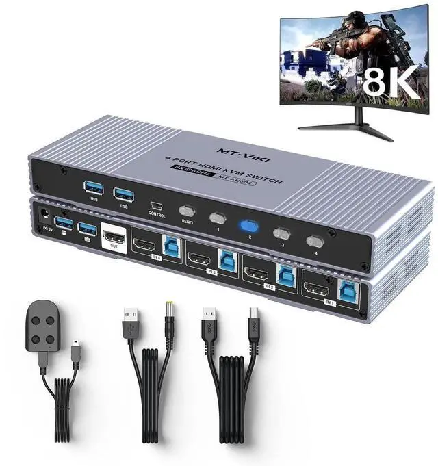 Main image of Vszerda MT-VIKI 4-Port HDMI2.1 USB3.0 KVM Switch, Aluminum Shell, 8K@60Hz/4K@120Hz/144Hz HDR Gaming KVM, 4 USB3.0 Cables Included