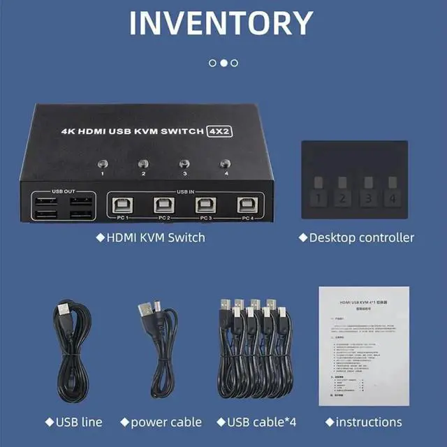 Alt view image 4 of 6 - Vszerda 4-Port 4×2 Dual Monitor HDMI USB KVM Switch 4K@60Hz, 4 In 2 Out for 4 PCs Share 2 Monitors & Peripherals