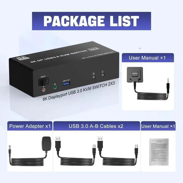 Alt view image 3 of 7 - Vszerda 2PC Triple Monitor DP USB3.0 KVM Switch 8K@60Hz, With Audio & 3 USB3.0 Ports