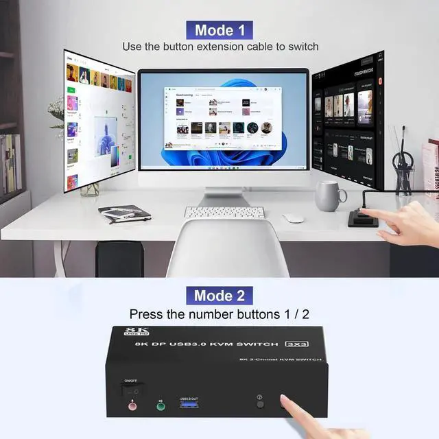 Alt view image 5 of 7 - Vszerda 2PC Triple Monitor DP USB3.0 KVM Switch 8K@60Hz, With Audio & 3 USB3.0 Ports