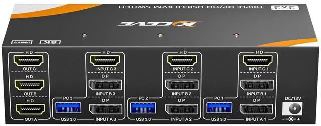 Main image of Vszerda 3-In-3-Out Triple Monitor DP+HDMI KVM Switch 8K@60Hz 4K@144Hz, USB 3.0 KVM Switcher for 3 PCs Share Keyboard Mouse, Wired Remote & Power Adapter Included
