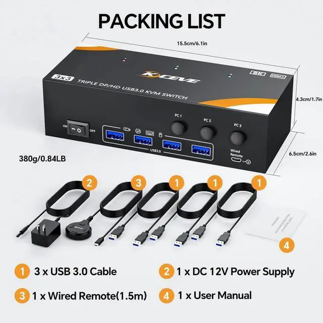 Alt view image 5 of 7 - Vszerda 3-In-3-Out Triple Monitor DP+HDMI KVM Switch 8K@60Hz 4K@144Hz, USB 3.0 KVM Switcher for 3 PCs Share Keyboard Mouse, Wired Remote & Power Adapter Included