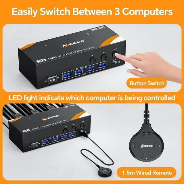 Alt view image 2 of 7 - Vszerda 3-In-3-Out Triple Monitor DP+HDMI KVM Switch 8K@60Hz 4K@144Hz, USB 3.0 KVM Switcher for 3 PCs Share Keyboard Mouse, Wired Remote & Power Adapter Included