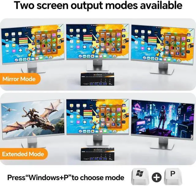 Alt view image 7 of 7 - Vszerda 3-In-3-Out Triple Monitor DP+HDMI KVM Switch 8K@60Hz 4K@144Hz, USB 3.0 KVM Switcher for 3 PCs Share Keyboard Mouse, Wired Remote & Power Adapter Included