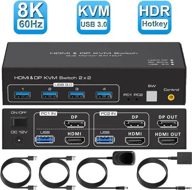 Main image of Vszerda 2 Port Dual Monitor HDMI+DP Hybrid KVM Switch 8K@60Hz with 4-Port USB 3.0 Hub, Desktop Controller & USB/HDMI Cables Included for 2 PCs Share 2 Displays