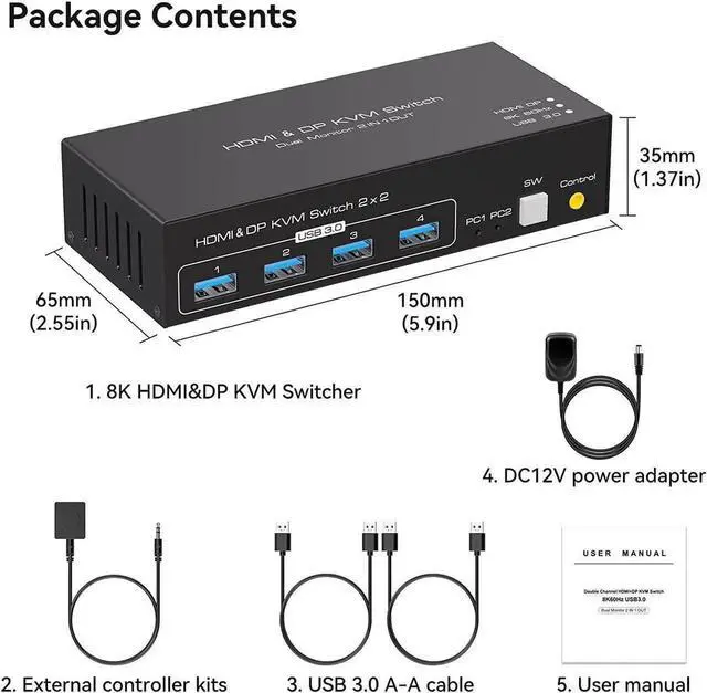 Alt view image 3 of 7 - Vszerda 2 Port Dual Monitor HDMI+DP Hybrid KVM Switch 8K@60Hz with 4-Port USB 3.0 Hub, Desktop Controller & USB/HDMI Cables Included for 2 PCs Share 2 Displays