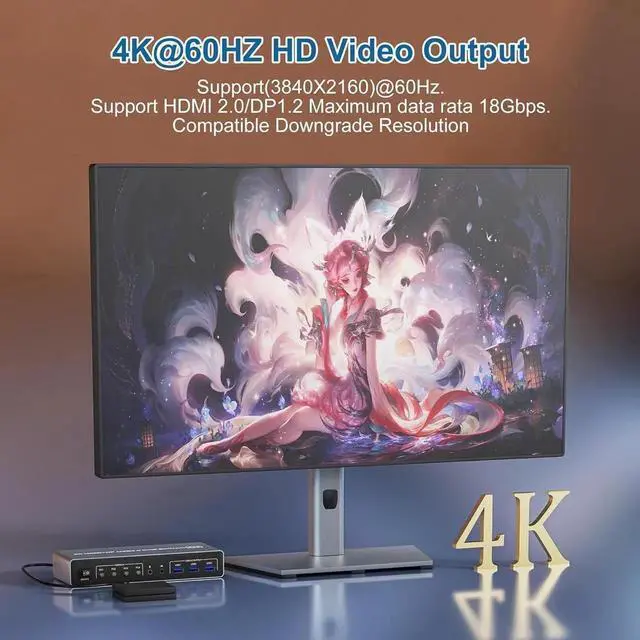 Alt view image 5 of 7 - Vszerda 4-In-2-Out Dual Monitor DP+HDMI KVM Switch 4K@60Hz, USB 3.0 KVM Switcher with Audio & Mic Jack, 3 USB 3.0 Ports for 4 PCs Share 2 Displays
