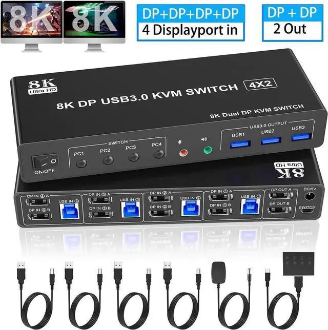 Main image of Vszerda 4 Port Dual Monitor DP 1.4 KVM Switch 8K@60Hz USB 3.0, Audio & Mic Jack, 3 USB 3.0 Ports for 4 PCs Share 2 DisplayPort Monitors