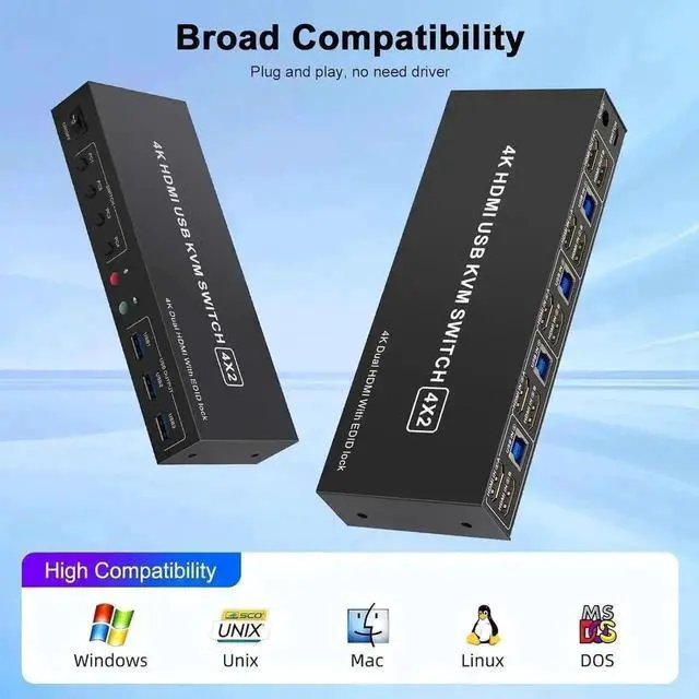 Alt view image 7 of 7 - Vszerda 4 Port Dual HDMI KVM Switch 4 In 2 Out, 4K@60Hz USB3.0 Dual Monitor KVM Switcher with 3 USB 3.0 Ports, Button & Desktop Remote Control for 4 PCs Share 2 Displays Keyboard Mouse