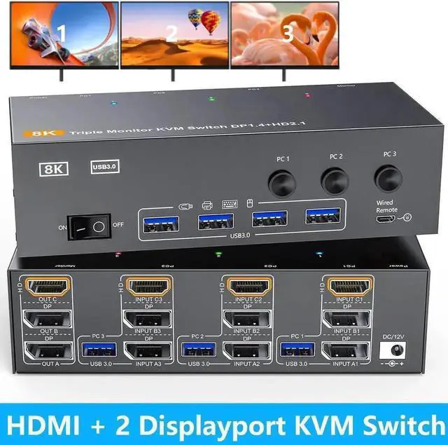 Main image of Vszerda 3-Port Triple Monitor KVM Switch (1HDMI+2DP), 8K@60Hz 4K@144Hz, 4 USB3.0 Ports, Wired Remote, Power Adapter & USB Cables Included