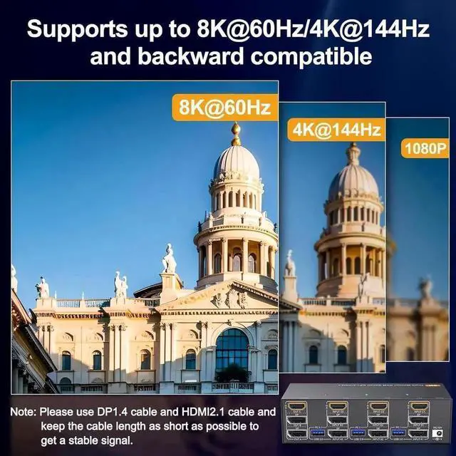 Alt view image 6 of 7 - Vszerda 3-Port Triple Monitor KVM Switch (1HDMI+2DP), 8K@60Hz 4K@144Hz, 4 USB3.0 Ports, Wired Remote, Power Adapter & USB Cables Included