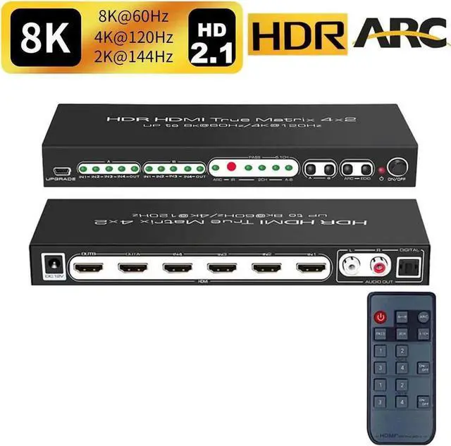 Alt view image 2 of 7 - Vszerda 4x2 True HDMI 2.1 Matrix 4 in 2 Out 8K@60Hz 4K@120Hz with Audio Extractor, 48Gbps Bandwidth HDMI Matrix Switcher Splitter Supports ARC, HDR, HDCP 2.3, Independent Optical & Analog Audio Output
