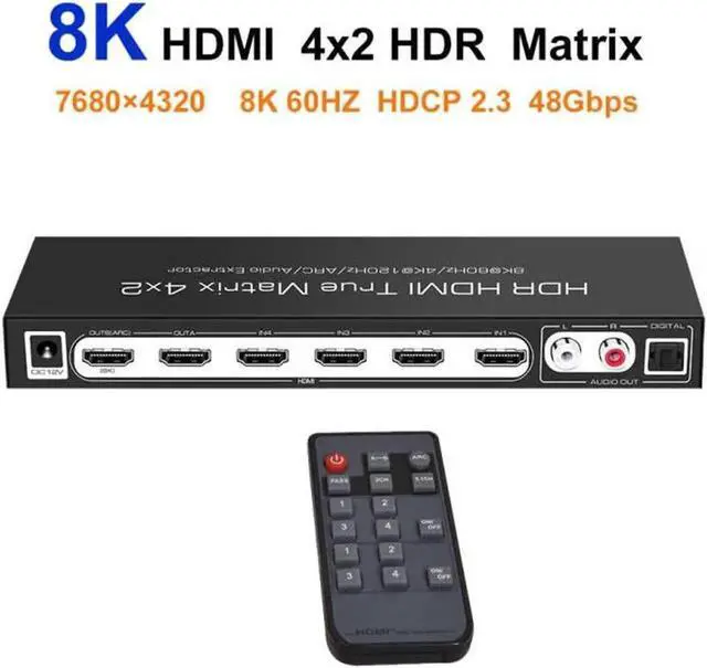 Alt view image 4 of 7 - Vszerda 4x2 True HDMI 2.1 Matrix 4 in 2 Out 8K@60Hz 4K@120Hz with Audio Extractor, 48Gbps Bandwidth HDMI Matrix Switcher Splitter Supports ARC, HDR, HDCP 2.3, Independent Optical & Analog Audio Output