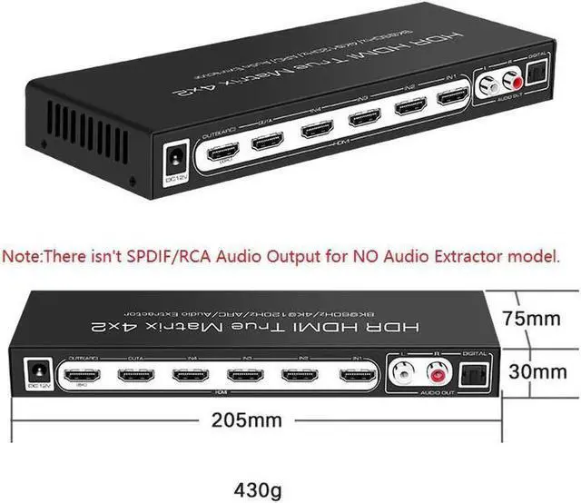 Alt view image 7 of 7 - Vszerda 4x2 True HDMI 2.1 Matrix 4 in 2 Out 8K@60Hz 4K@120Hz with Audio Extractor, 48Gbps Bandwidth HDMI Matrix Switcher Splitter Supports ARC, HDR, HDCP 2.3, Independent Optical & Analog Audio Output