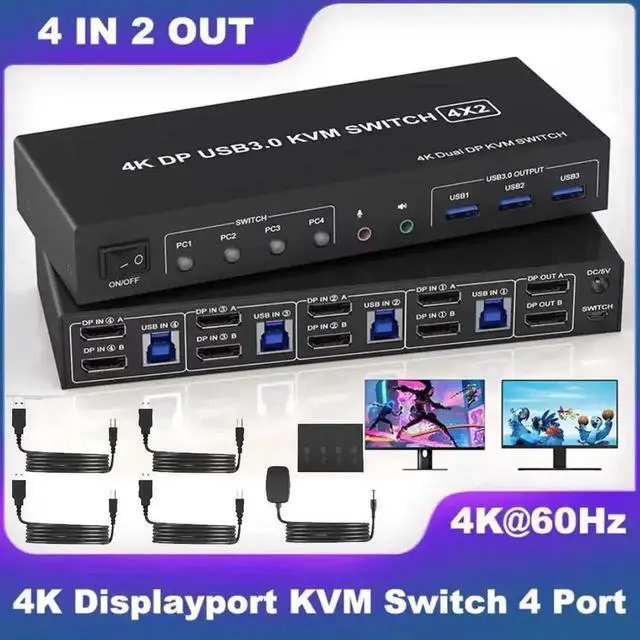 Main image of Vszerda 4 Port Dual DP USB3.0 KVM Switch, 4K@60Hz Dual Monitor DisplayPort KVM Switcher with Audio Mic & 3 USB 3.0 Ports for 4 PCs Share 2 Displays Keyboard Mouse