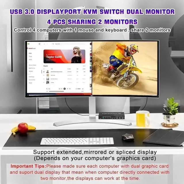 Alt view image 4 of 7 - Vszerda 4 Port Dual DP USB3.0 KVM Switch, 4K@60Hz Dual Monitor DisplayPort KVM Switcher with Audio Mic & 3 USB 3.0 Ports for 4 PCs Share 2 Displays Keyboard Mouse