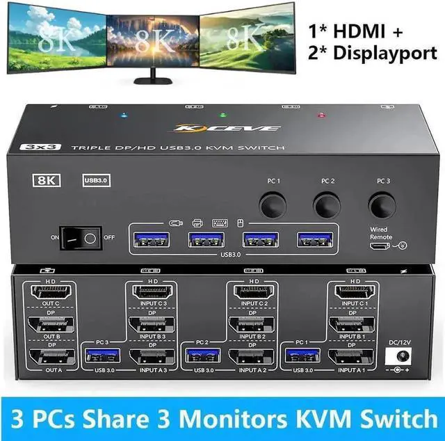 Main image of Vszerda 3-Port Triple Monitor KVM Switch (1HDMI+2DP), 8K@60Hz 4K@144Hz, 4 USB3.0 Ports, Wired Remote & Power Adapter Included