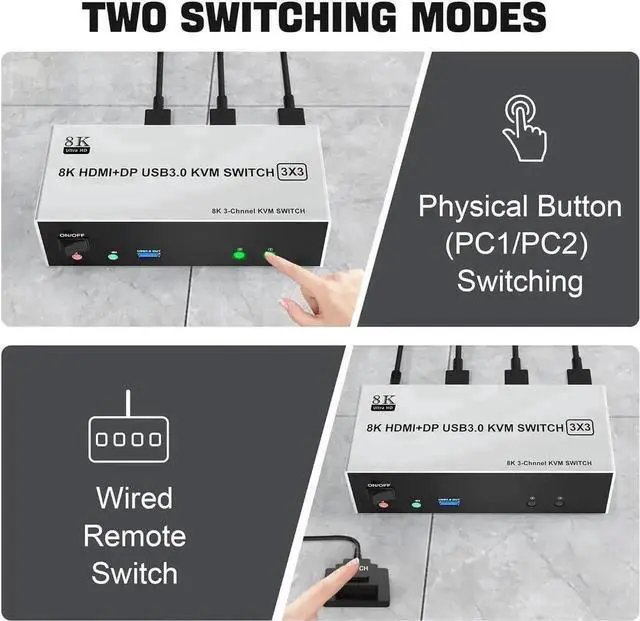 Alt view image 2 of 7 - Vszerda 2 Port Triple Monitor 1HDMI+2DP KVM Switch, 8K@60Hz USB3.0 KVM Switcher with Audio & Mic, 3 USB 3.0 Ports for 2 PCs Share 3 Displays
