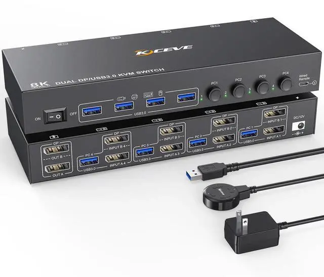 Main image of Vszerda 4-Port Dual Monitor DP USB 3.0 KVM Switch 4K@60Hz, 4 DP PCs Share 2 DP Monitors, Keyboard & Mouse