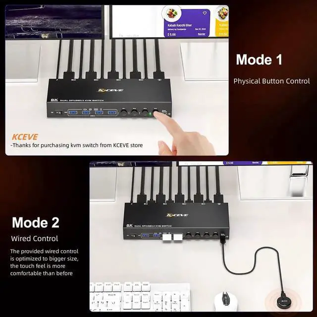 Alt view image 5 of 7 - Vszerda 4-Port Dual Monitor DP USB 3.0 KVM Switch 4K@60Hz, 4 DP PCs Share 2 DP Monitors, Keyboard & Mouse