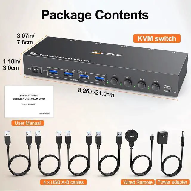 Alt view image 2 of 7 - Vszerda 4-Port Dual Monitor DP USB 3.0 KVM Switch 4K@60Hz, 4 DP PCs Share 2 DP Monitors, Keyboard & Mouse