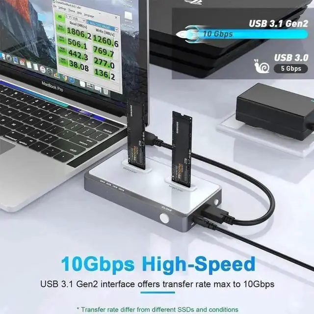 Alt view image 3 of 7 - Vszerda Tool-Free Dual-Bay M.2 NVMe SSD Docking Station, 10Gbps Offline Clone Duplicator, USB-C Connection, Supports M Key PCIe 2242/2260/2280/22110 M.2 SSD