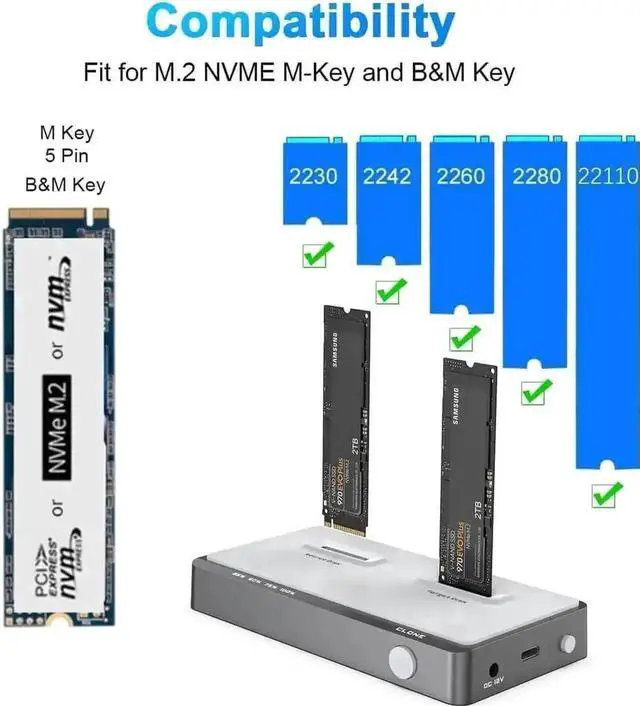 Alt view image 6 of 7 - Vszerda Tool-Free Dual-Bay M.2 NVMe SSD Docking Station, 10Gbps Offline Clone Duplicator, USB-C Connection, Supports M Key PCIe 2242/2260/2280/22110 M.2 SSD
