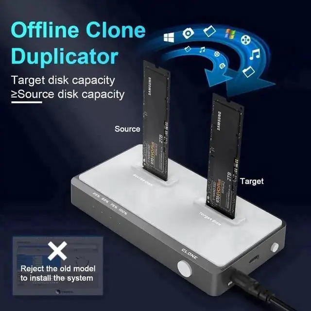 Alt view image 7 of 7 - Vszerda Tool-Free Dual-Bay M.2 NVMe SSD Docking Station, 10Gbps Offline Clone Duplicator, USB-C Connection, Supports M Key PCIe 2242/2260/2280/22110 M.2 SSD