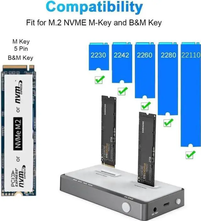 Alt view image 2 of 7 - Tool-Free Dual-Bay M.2 NVMe Docking Station with Offline Clone Function, USB C NVMe SSD Duplicator Enclosure Supports M-Key PCIe M.2 SSD 2242 2260 2280 22110, Dual Slot External SSD Clone Dock