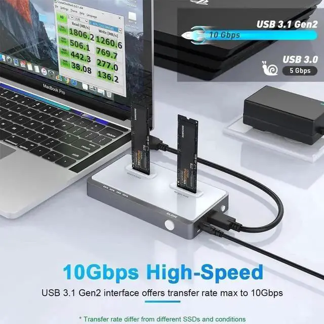 Alt view image 4 of 7 - Tool-Free Dual-Bay M.2 NVMe Docking Station with Offline Clone Function, USB C NVMe SSD Duplicator Enclosure Supports M-Key PCIe M.2 SSD 2242 2260 2280 22110, Dual Slot External SSD Clone Dock