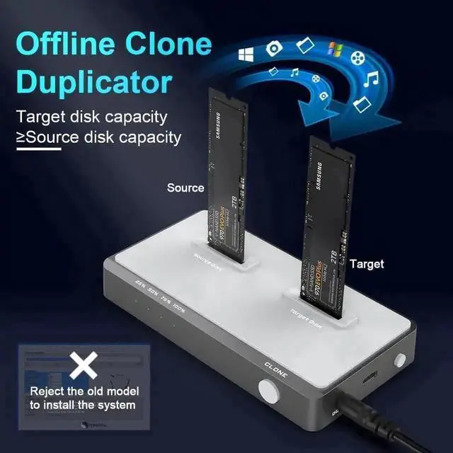Alt view image 6 of 7 - Tool-Free Dual-Bay M.2 NVMe Docking Station with Offline Clone Function, USB C NVMe SSD Duplicator Enclosure Supports M-Key PCIe M.2 SSD 2242 2260 2280 22110, Dual Slot External SSD Clone Dock