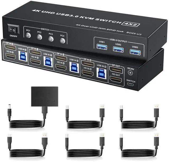 Main image of Vszerda 4-Port Dual Monitor DisplayPort KVM Switch 4K@60Hz, 4 PCs Share 2 Screens Keyboard Mouse, 3 USB 3.0 Ports, Button Control with 4 USB Cables