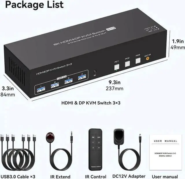Alt view image 2 of 7 - Vszerda 3-Port Triple Monitor KVM Switch (1HDMI+2DP), 8K@60Hz 4K@144Hz, 4 USB3.0 Ports, 3 USB Cables & 12V DC Adapter Included